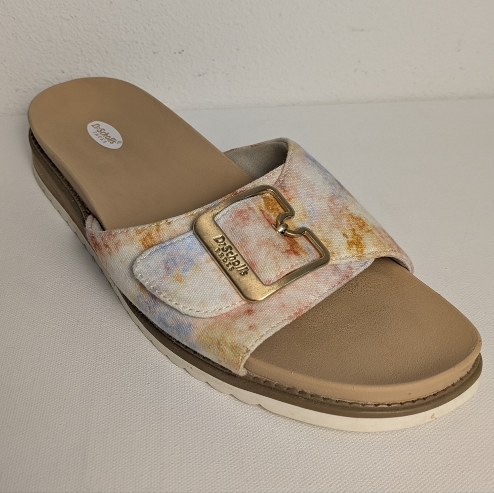 Dr Scholl's Floral Slides Womens size 9 Orange Beige Slip-on Sandals EUC